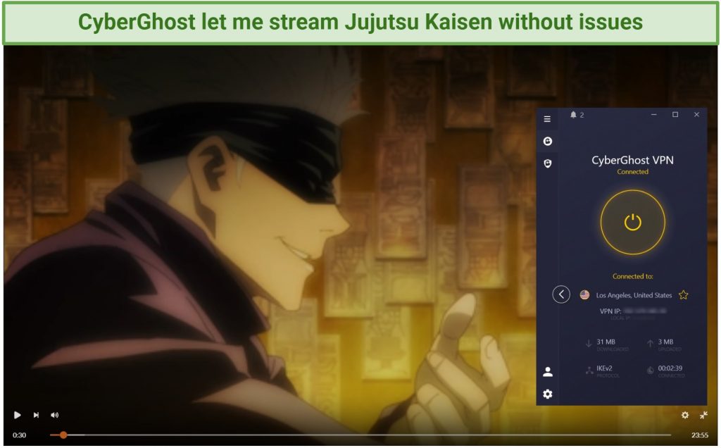 Streaming Jujutsu Kaisen using CyberGhost's server optimized for Crunchyroll.