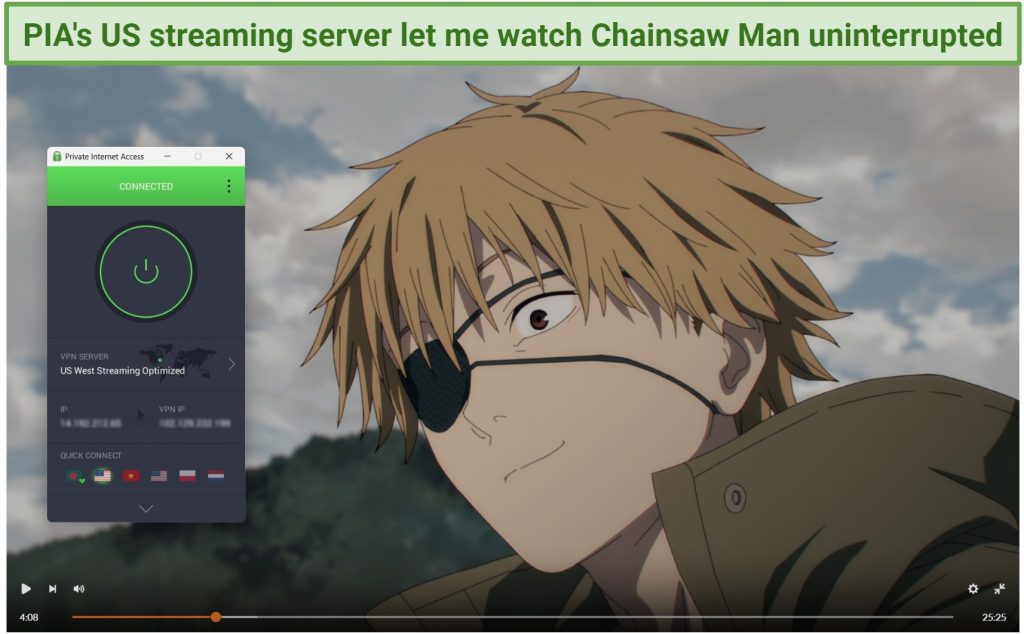 Screenshot of streaming Chainsaw Man on Crunchyroll while connected to PIA.