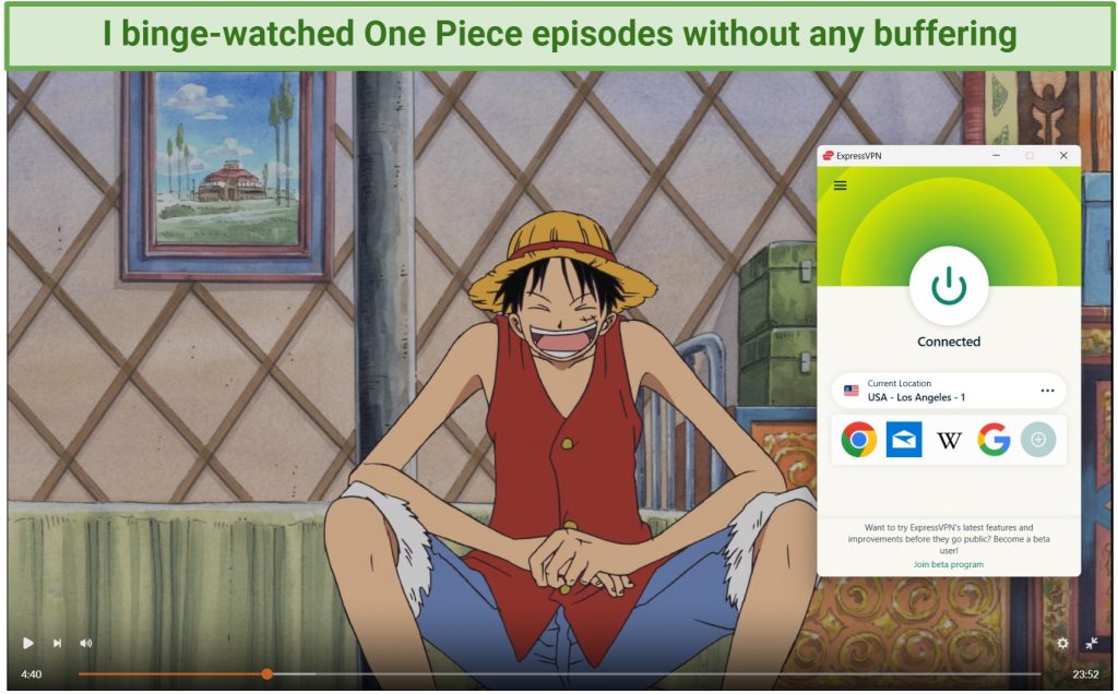 Screenshot of streaming One Piece on Crunchyroll while connected to ExpressVPN's Los Angeles server.