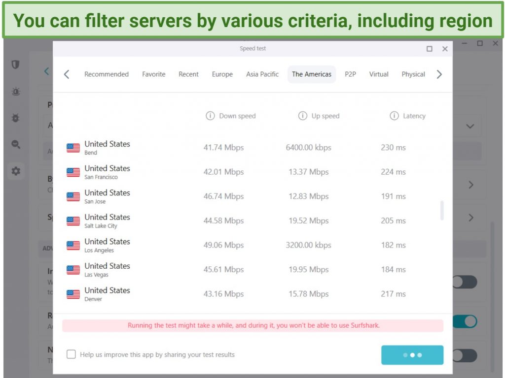 Screenshot of In-app speed test results in the Surfshark Windows app.