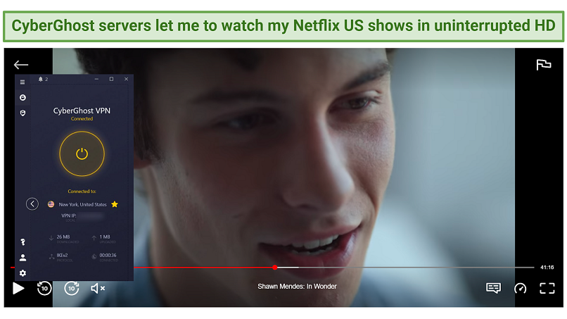 Screenshot of CyberGhost successfully unblocking Netflix US