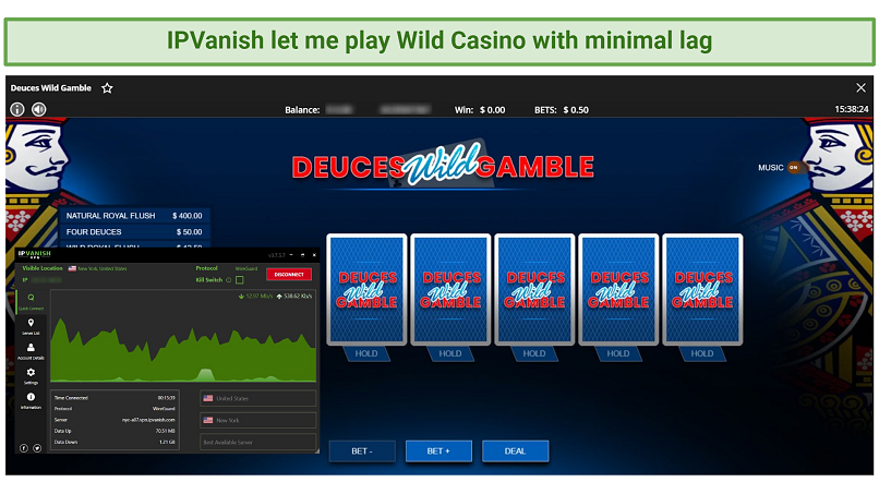 Screenshot of IPVanish successfully unblocking Wild Casino