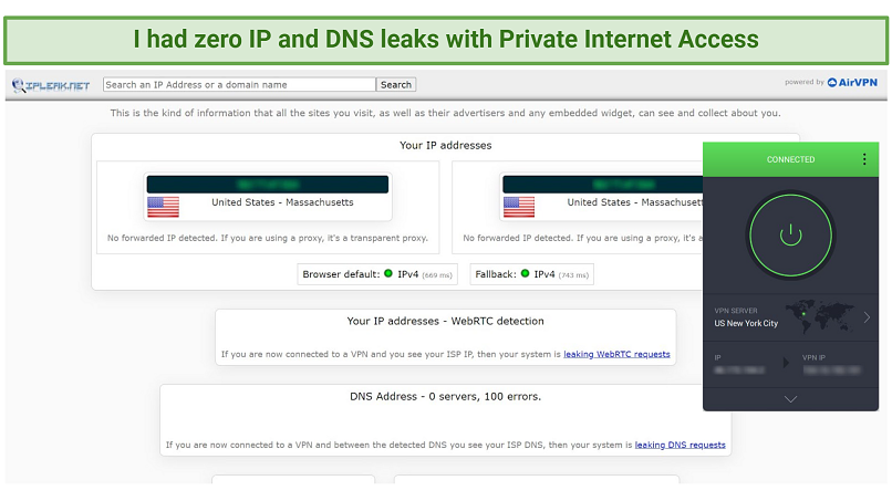 Screenshot of Private Internet Access successfully passing an online IP leak test.