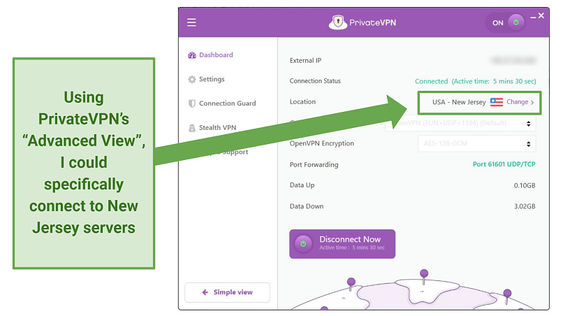 Screenshot of PrivateVPN's user interface in 