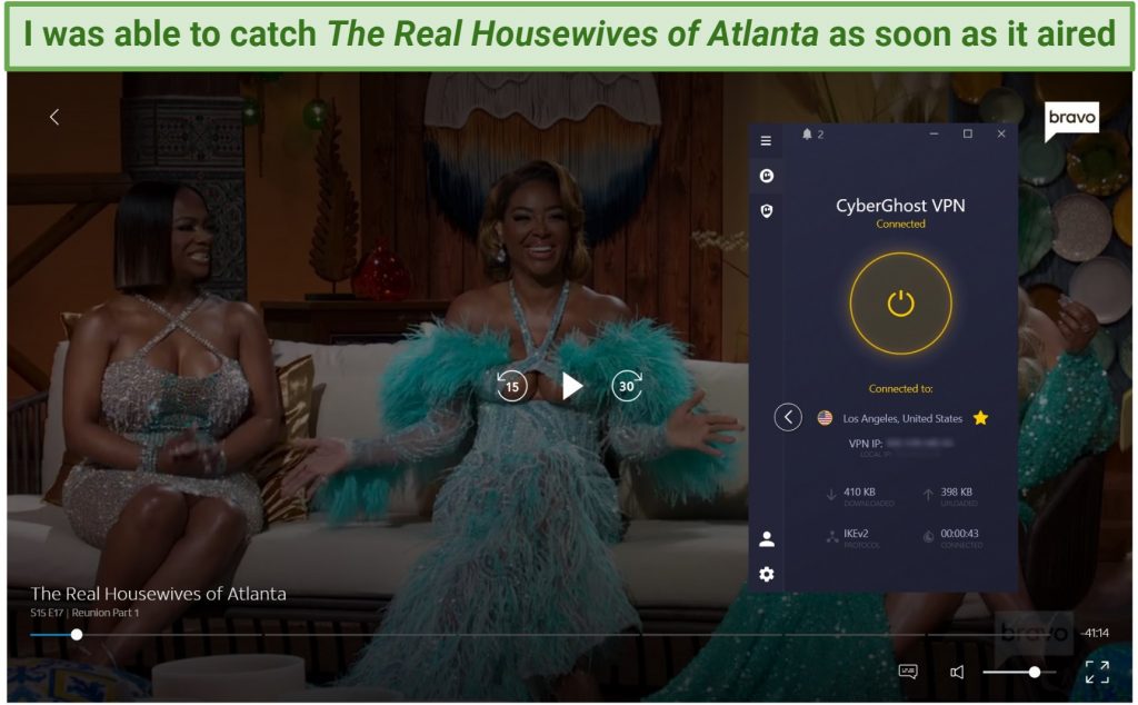 Screenshot of streaming The Real Housewives of Atlanta on DIRECTV STREAM while connected to CyberGhost.