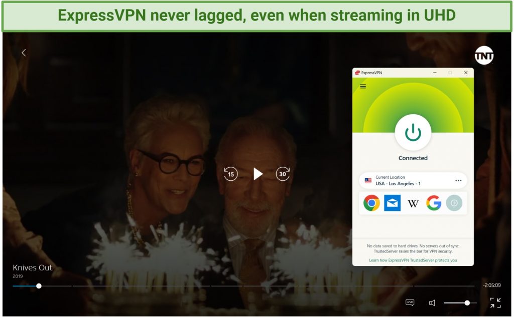 Screenshot of streaming Knives Out on DIRECTV STREAM while connected to ExpressVPN.