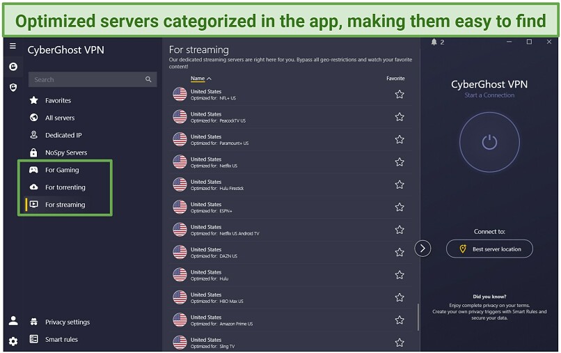 Screenshot of CyberGhost's streaming-optimized servers in the US.