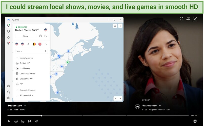 Screenshot of streaming Superstore on Hulu using NordVPN's US New York server.