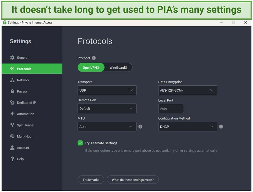 Screenshot of PIA's protocols settings in the Windows app.