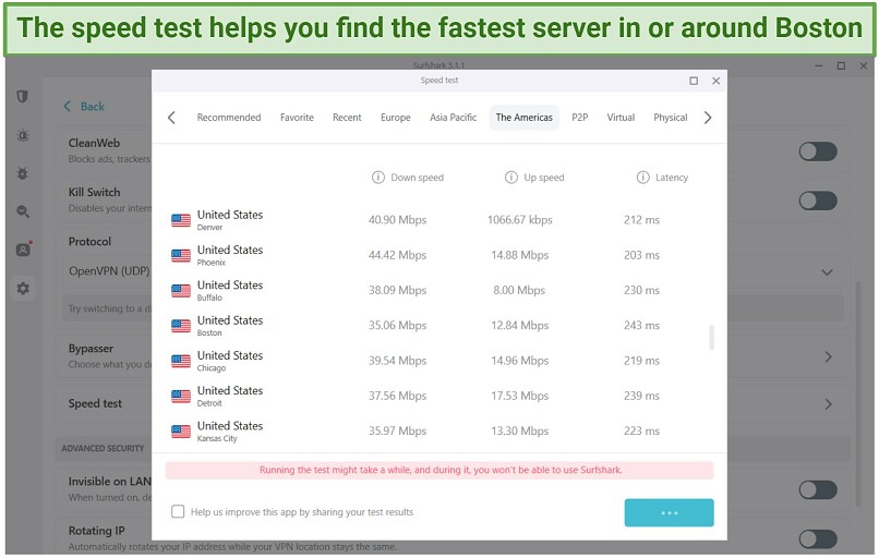 Screenshot of Surfshark in-app speed test results for the US and Boston.