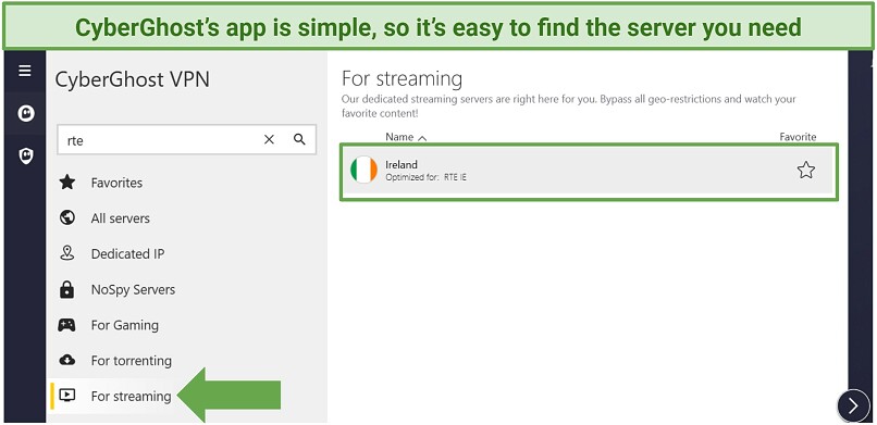 A screenshot of the CyberGhost app connected to the RTE-optimized server.