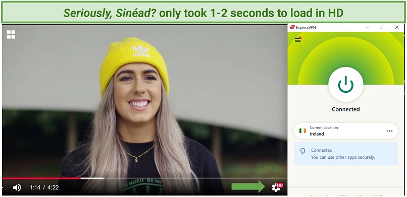 A screenshot of ExpressVPN with Seriously, Sinead? playing on RTE in the background.
