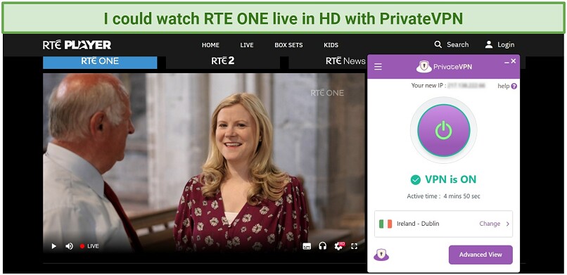 A screenshot showing PrivateVPN working with a live RTE One stream