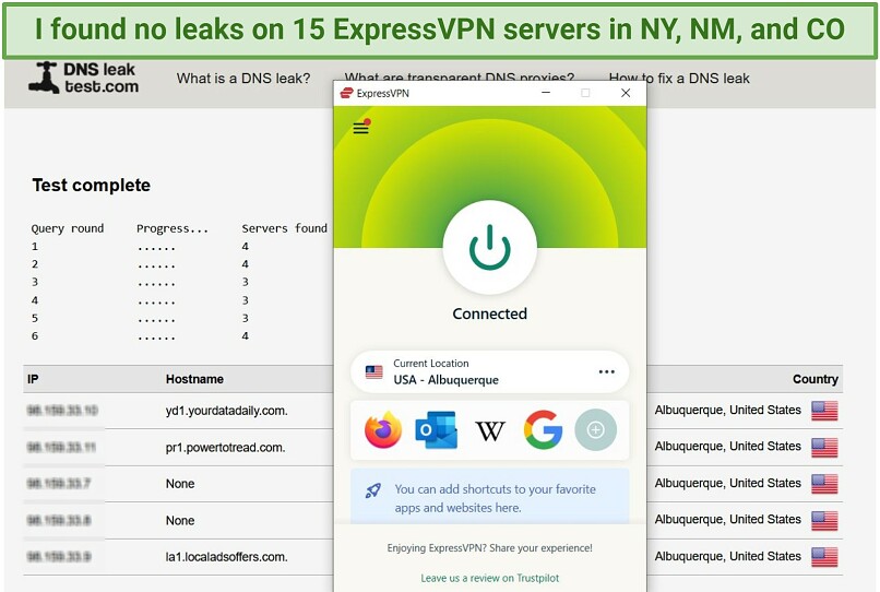 a screenshot of a successful DNS leak test, with ExpressVPN connected to a USA -Albuquerque server