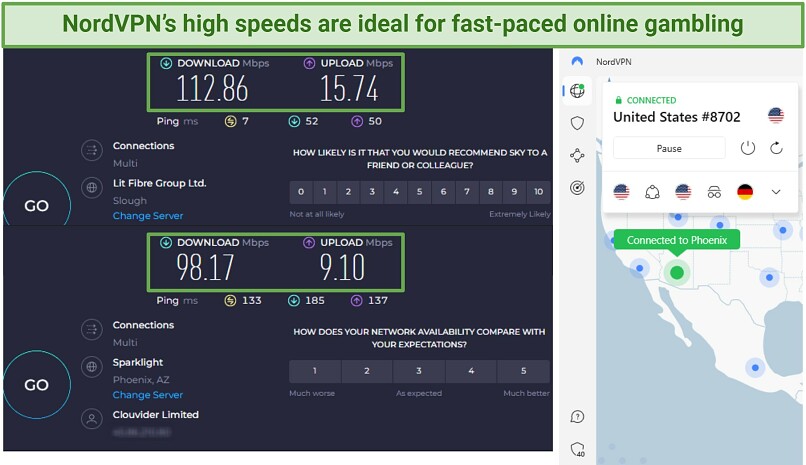 a screenshot of speed tests, with NordVPN connected to a US Phoenix server