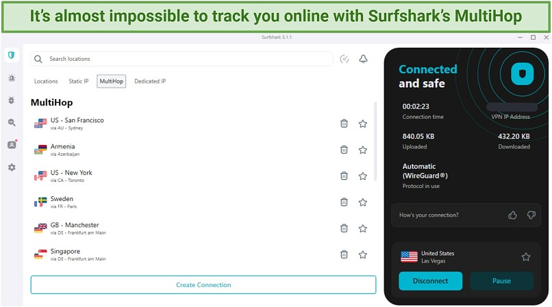 a screenshot of Surfshark app interface, connected to a Las Vegas server and with MultiHop feature visible