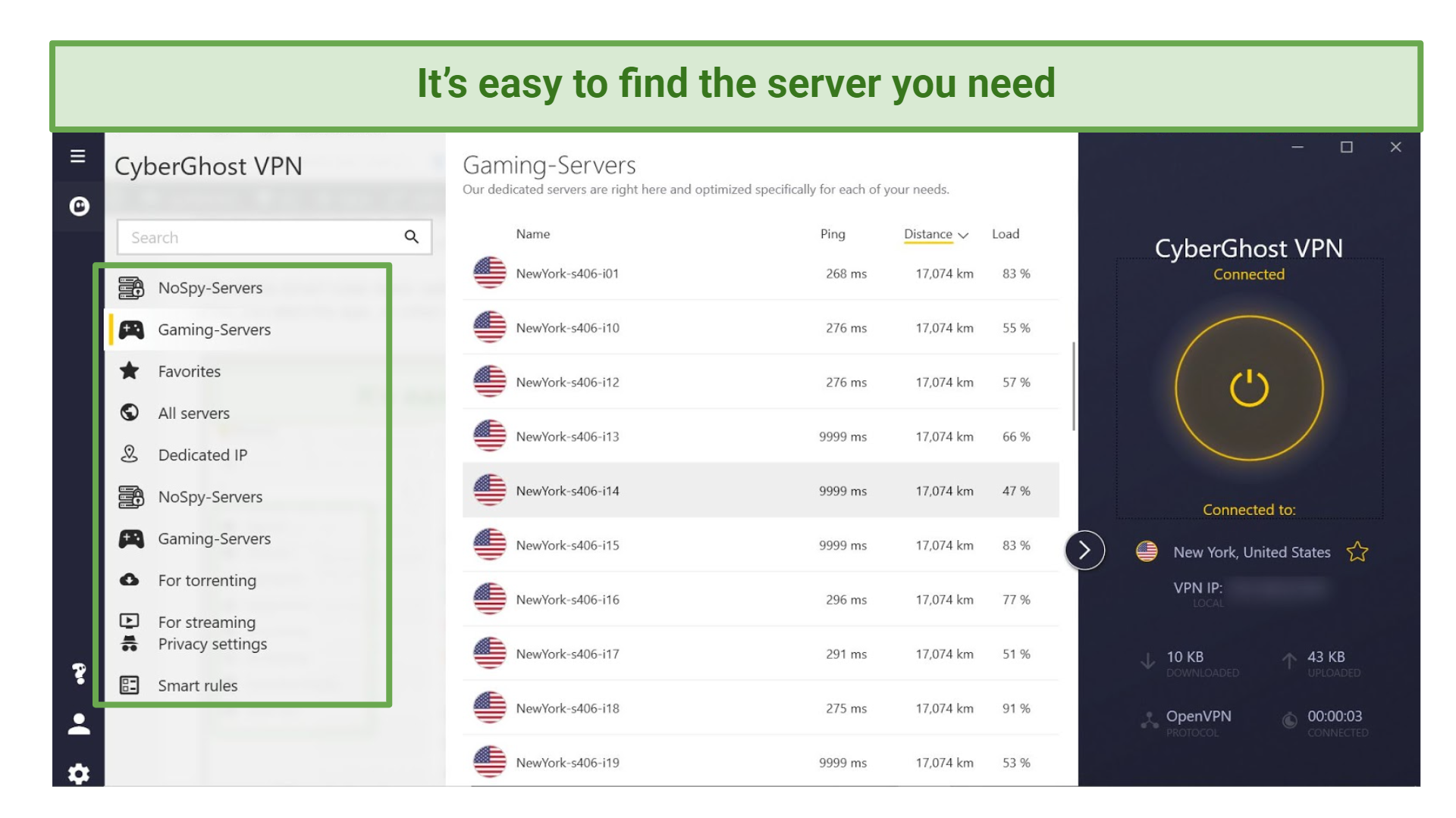 A screenshot of CyberGhost's server selection page.