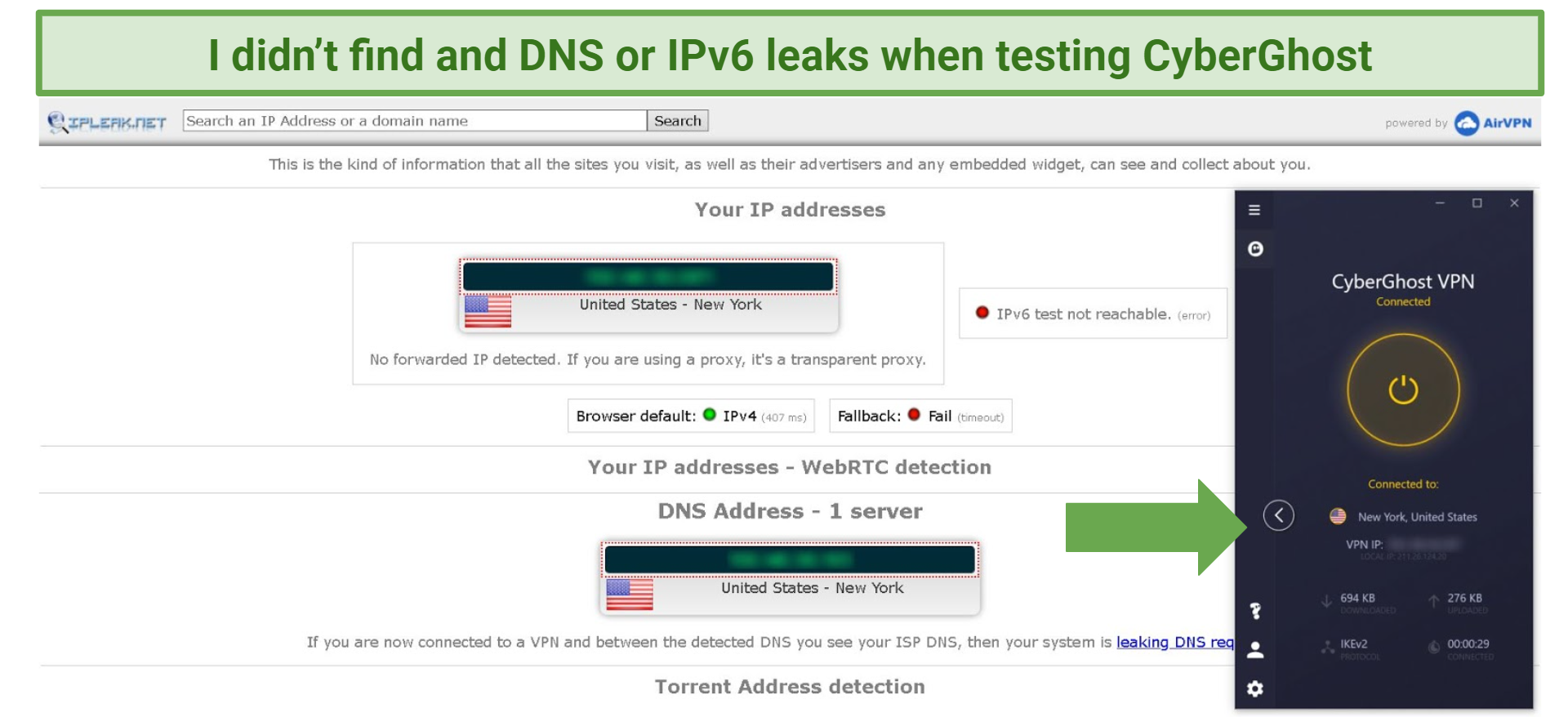 A screenshot of CyberGhost's leak test results