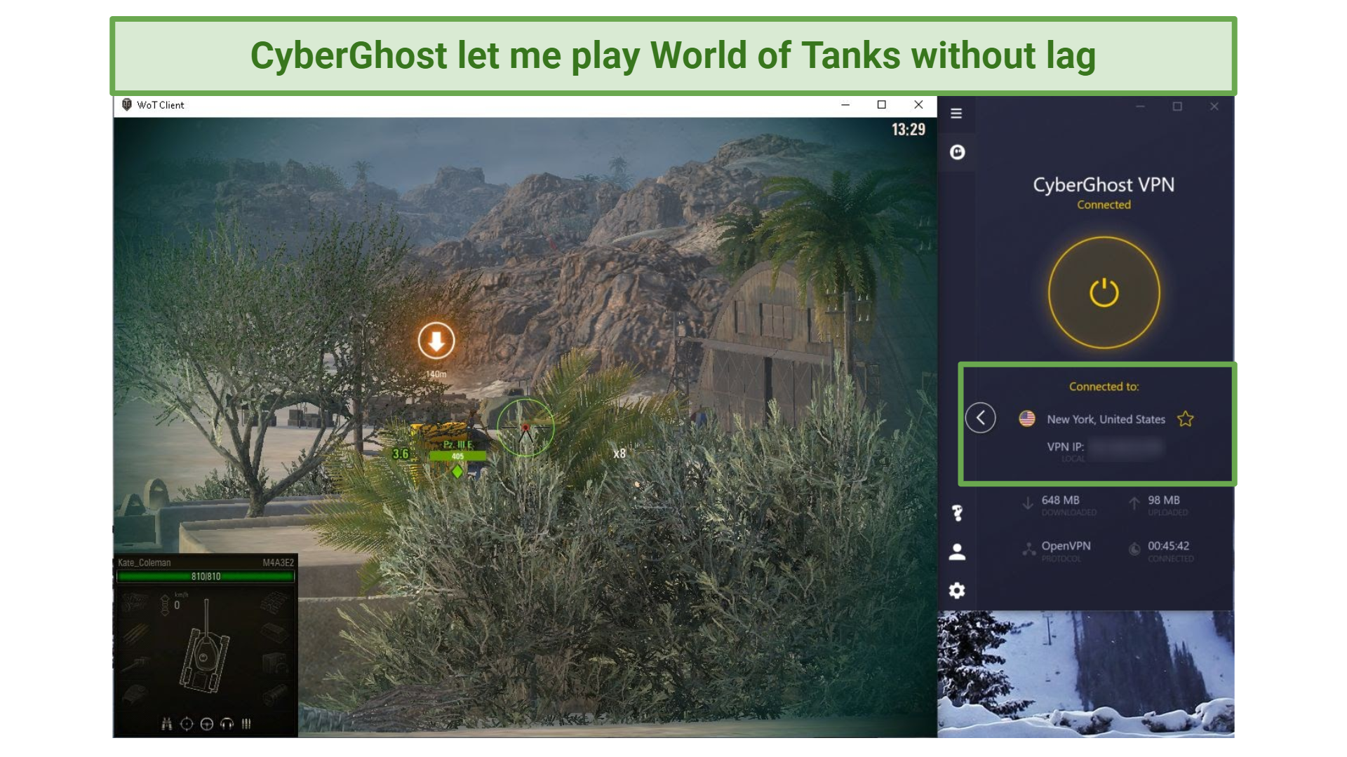 A screenshot of playing World of Tanks while connected to CyberGhost.