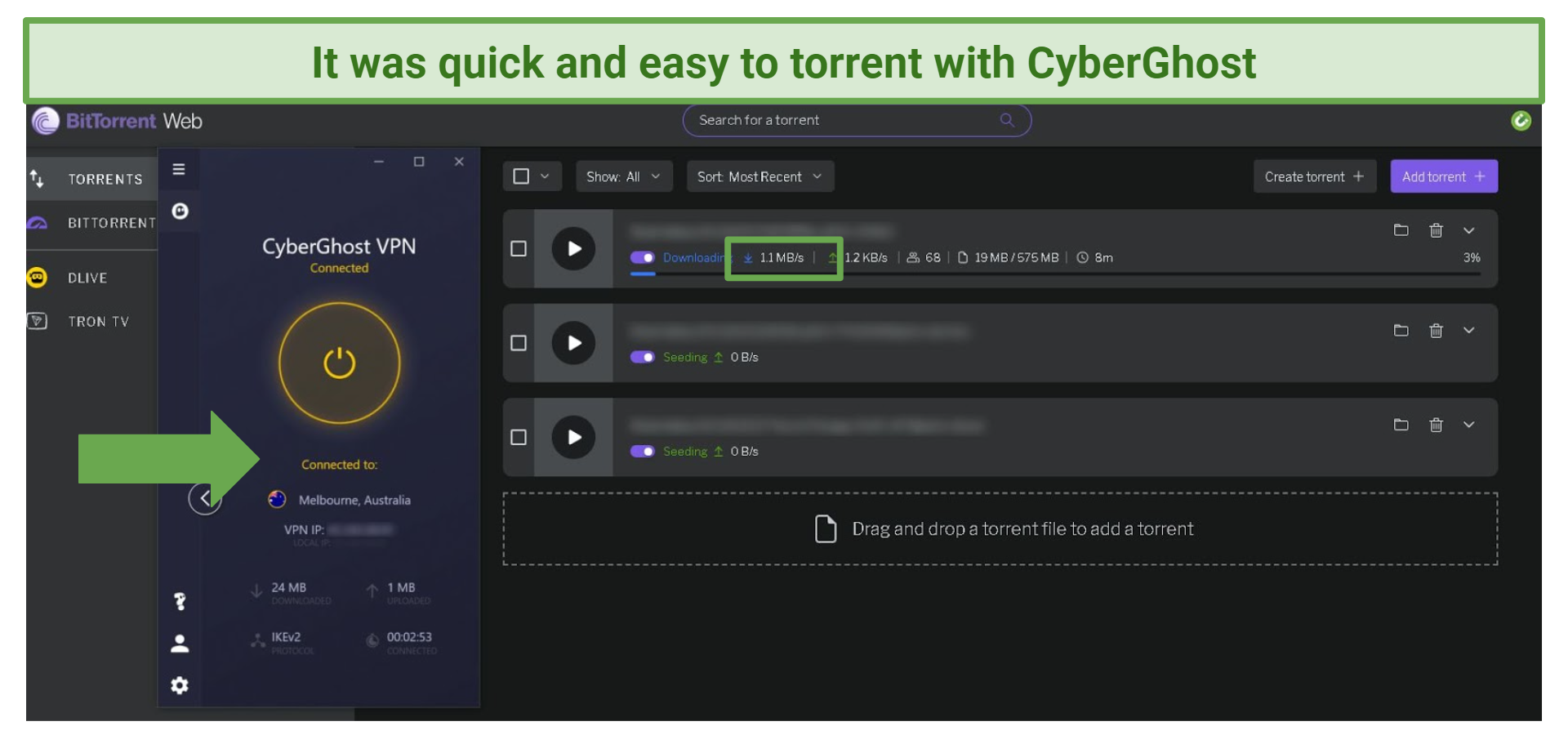 A screenshot showing uTorrent Web download a torrent while connected to CyberGhost