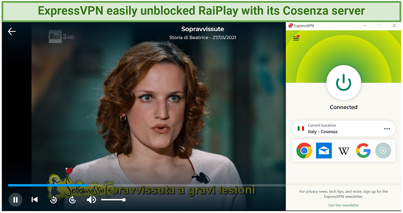 Screenshot of ExpressVPN app connected while streaming RaiPlay