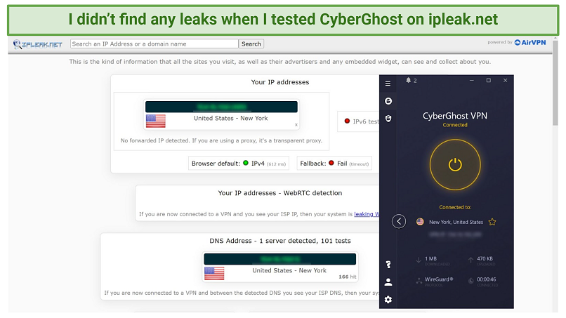 Screenshot of leak test with CyberGhost on ipleaknet