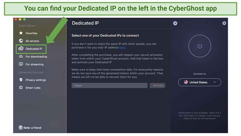 Screenshot of CyberGhost's Dedicated IPs