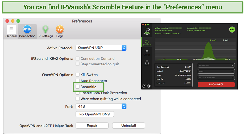 Screenshot of IPVanish's Scramble Feature