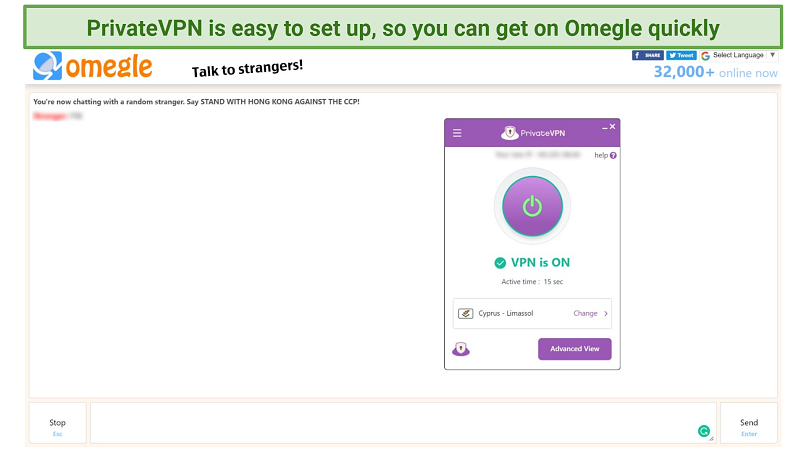 Screenshot of PrivateVPN accessing Omegle while connected to the Cyprus server