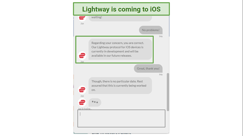 A screenshot of ExpressVPN's customer service confirming that Lightway will soon be on iOS. 