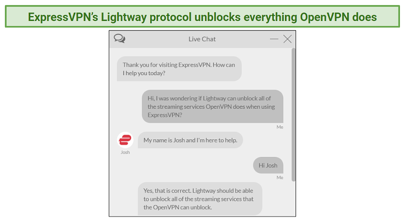 A screenshot of a discussion with ExpressVPN live chat support.