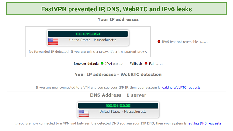 screenshot of FastVPN IP, DNS, and WebRTC leak tests