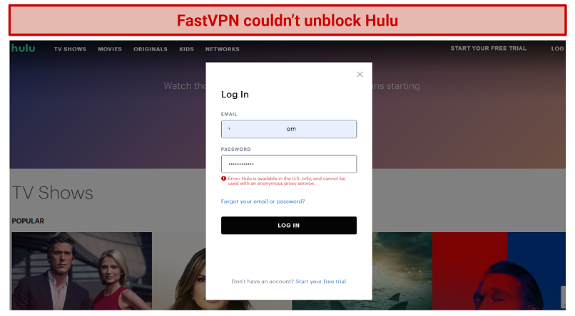 Graphic showing Hulu blocking access using FastVPN