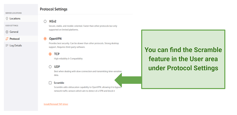 Graphic showing where to find FastVPN's scramble feature