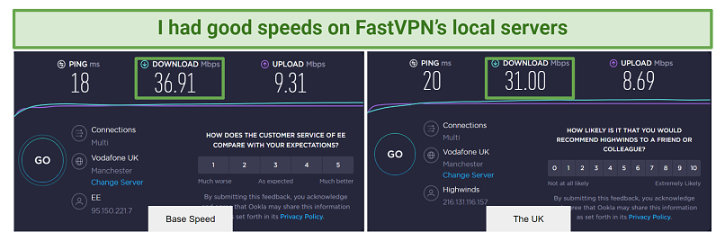 screenshot of FastVPN's speed test results on its UK server