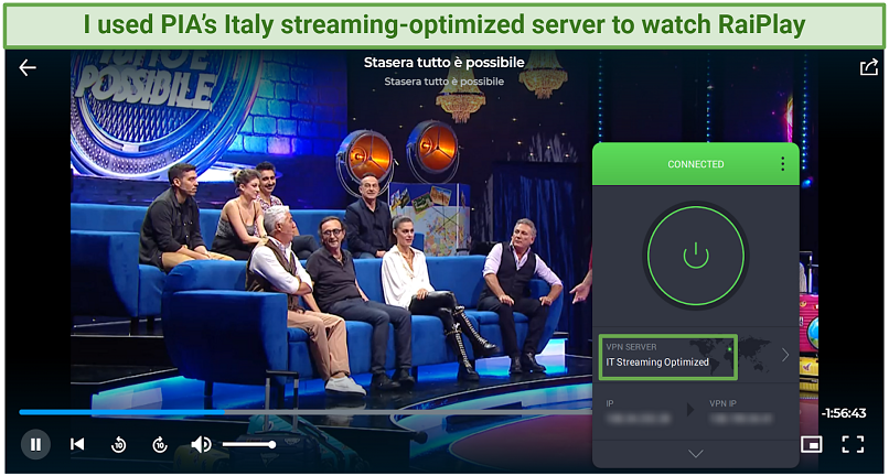 Screenshot of PIA app connected while streaming RaiPlay