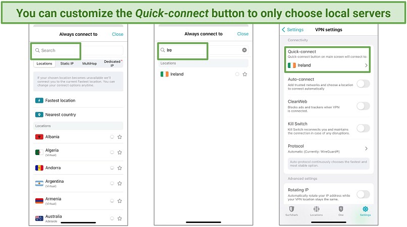 A screenshot showing the process of customizing Surfshark's Quick-connect button