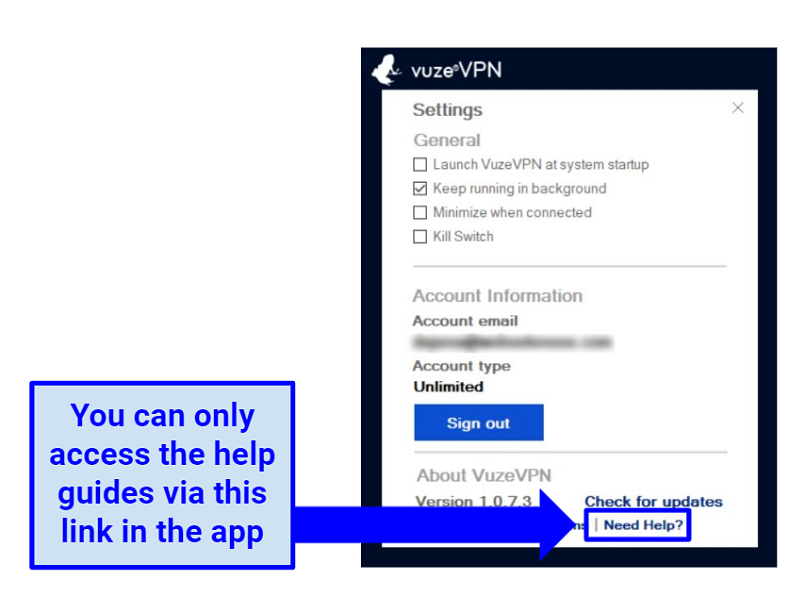 Screenshot showing how to access help guides via the VuzeVPN app