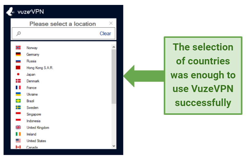 Screenshot showing VuzeVPN Windows app server selection screen