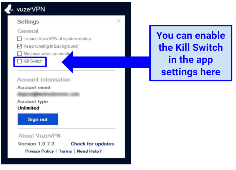 Screenshot showing VuzeVPN app settings screen with kill switch option