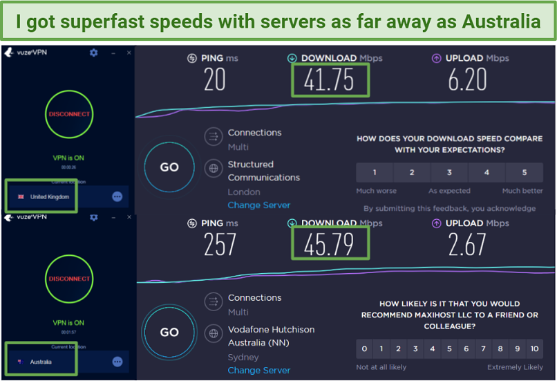 Screenshots showing VuzeVPN's Ookla speed test results with Australia faster than the closest server in the UK
