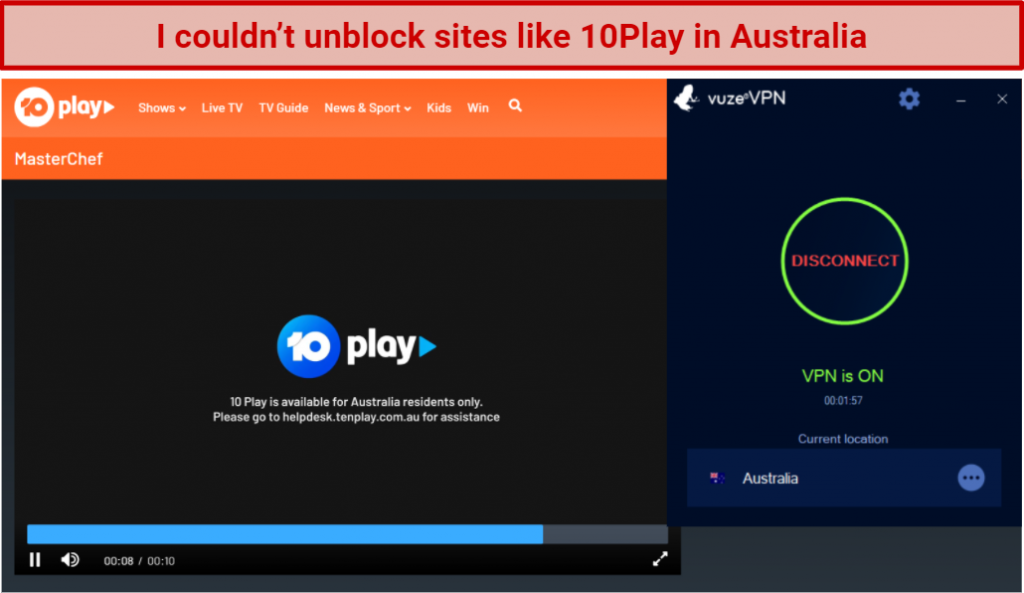 Screenshot showing 10Play blocked after connecting to a VuzeVPN server in Australia