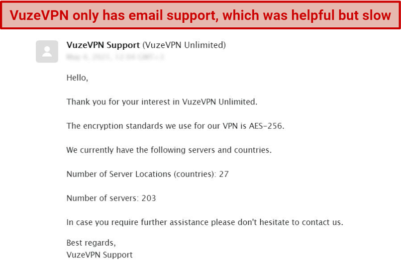 Screenshot showing VuzeVPN's email support response