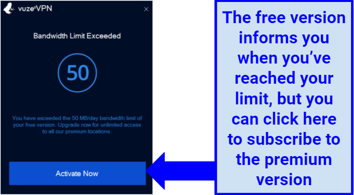 Screenshot showing free version of VuzeVPN app after reaching 50MB daily limit
