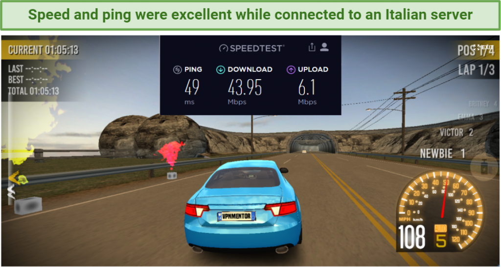 Screenshot showing Extreme Asphalt Racing game working well while connected to VuzeVPN