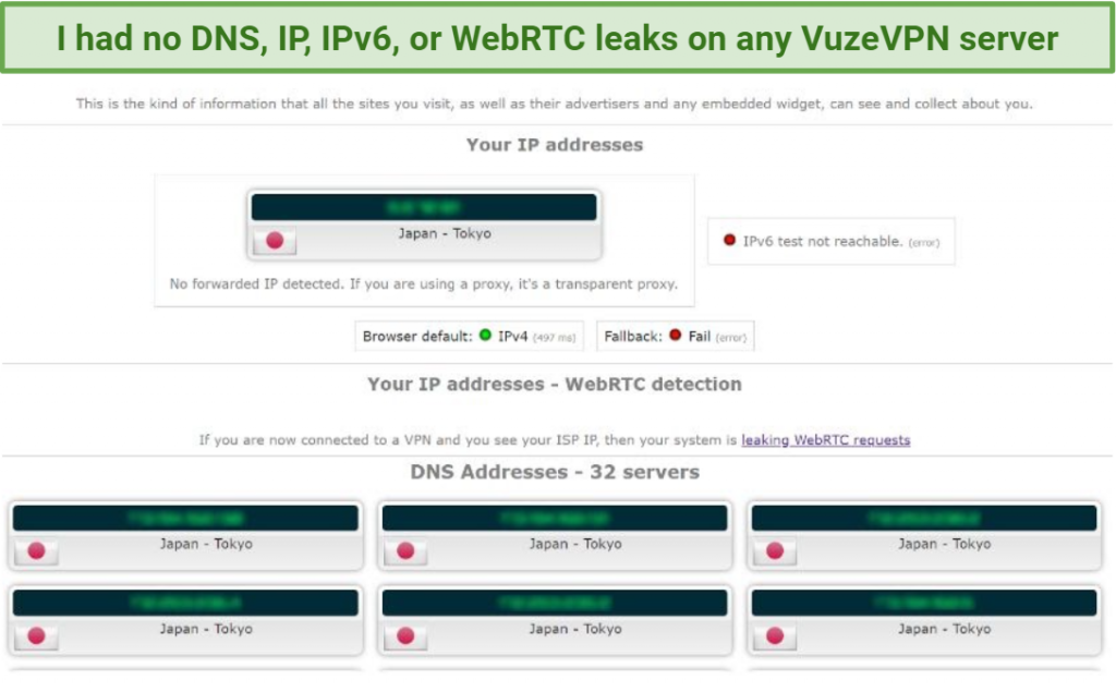 Screenshot showing IPleak.net test with no leaks whilst connected to VuzeVPN