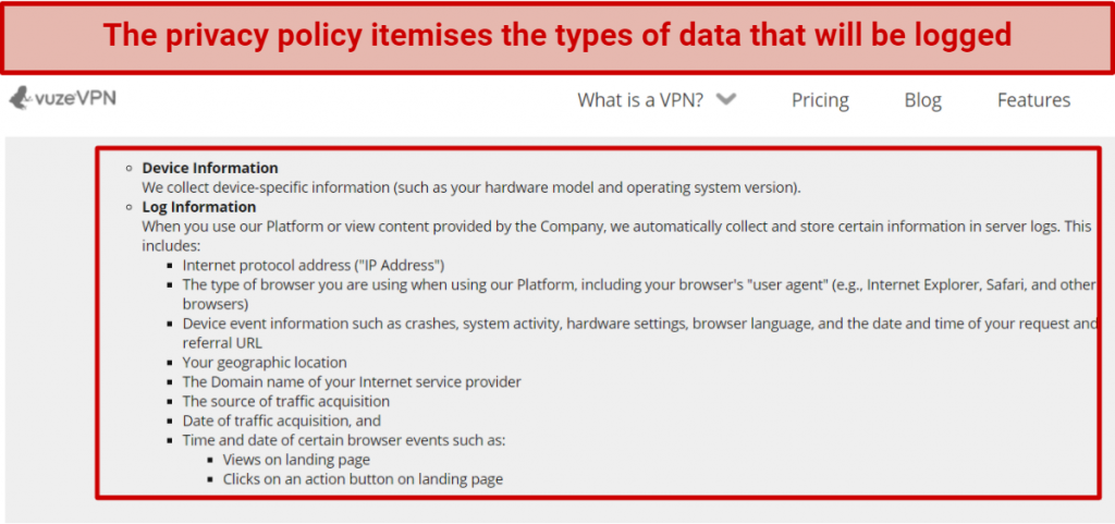 Screenshot showing VuzeVPNs privacy policy, listing information that will be logged