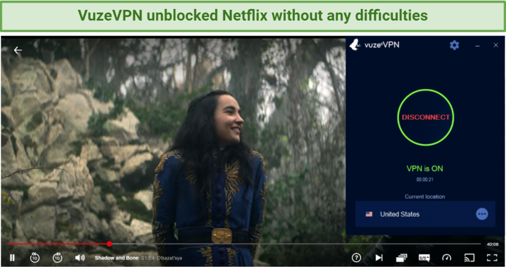Screenshot showing Netflix unblocked after connecting to a VuzeVPN server in the US