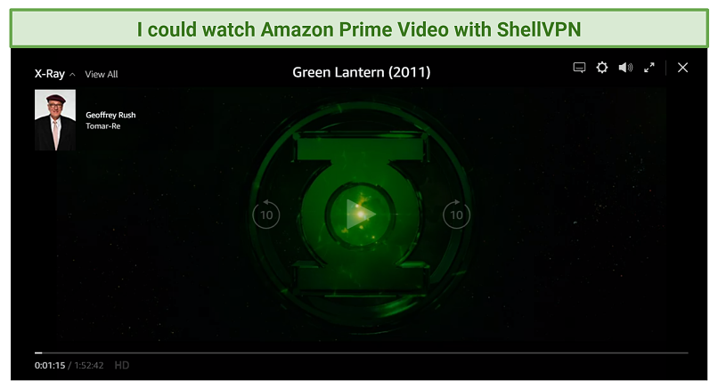 screenshot of Amazon Prime Video player streaming Green Lantern unblocked with ShellVPN