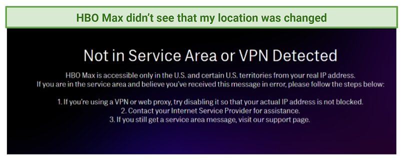 screenshot of HBO Max error message while connected to ShellVPN